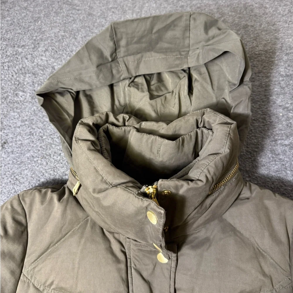 Cole Haan Signature Olive Down Puffer Jacket XS | Gold Zip Hooded‎ Quilted Coat
